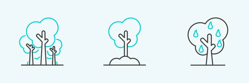 Set line Tree with pears, Trees and in the ground icon. Vector Stock Illustration