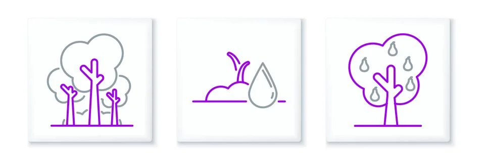 Set line Tree with pears, Trees and Watering sprout icon. Vector Stock Illustration