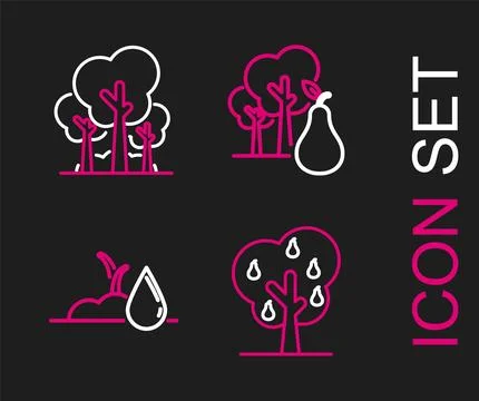 Set line Tree with pears, Watering sprout,  and Trees icon. Vector 스톡 일러스트