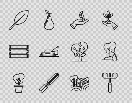 Set line Tree in pot, Garden rake, Sprout hand of environmental protection,.. Stock Illustration