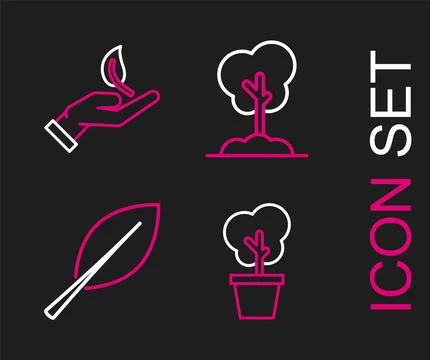 Set line Tree in pot, Leaf, the ground and Sprout hand of environmental pro.. Stock Illustration