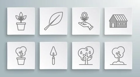 Set line Tree in pot, Leaf, Garden trowel spade or shovel, with pears, the .. Stock Illustration