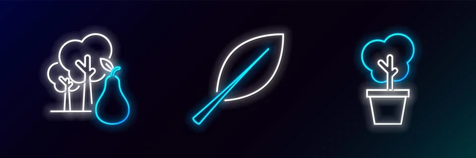 Set line Tree in pot, with pears and Leaf icon. Glowing neon. Vector 스톡 일러스트