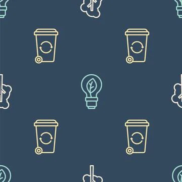 Set line Tree, Recycle bin and Light bulb with leaf on seamless pattern. Vector Illustrazione stock