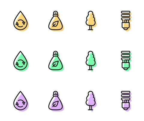 Set line Tree, Recycle clean aqua, Garbage bag and LED light bulb icon. Vector Illustrazione stock