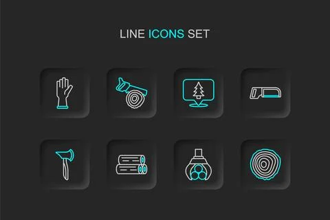 Set line Tree rings, Grapple crane grabbed a log, Wooden, axe, Hacksaw, Loc.. Stock Illustration