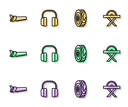 Set line Tree rings, Hand saw, Headphones and Electric circular icon. Vector Stock Illustration