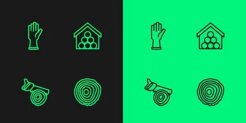 Set line Tree rings, Hand saw and log, Protective gloves and Wooden logs icon Stock Illustration