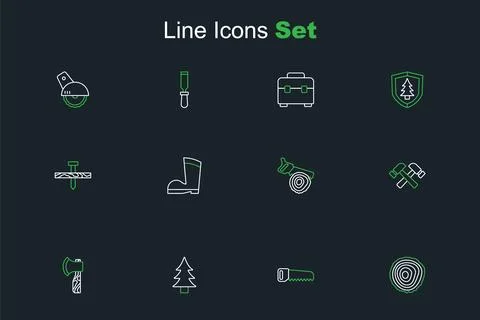 Set line Tree rings, Hand saw, Wooden axe, Crossed hammer, log, Waterproof .. Stock Illustration