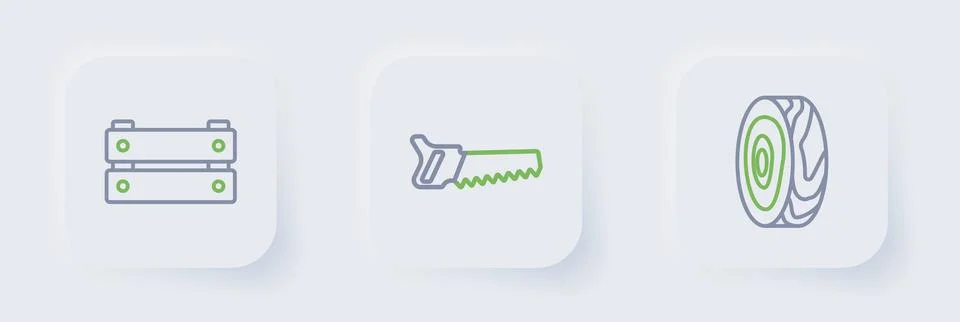 Set line Tree rings, Hand saw and Wooden box icon. Vector Stock Illustration