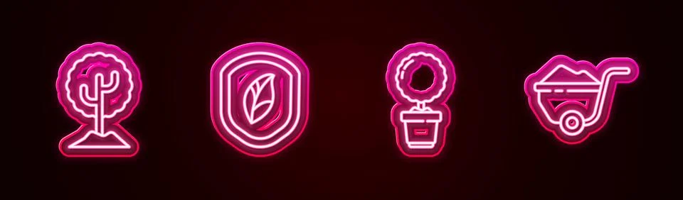 Set line Tree, Shield with leaf, Flower in pot and Wheelbarrow dirt. Glowin.. Stock Illustration
