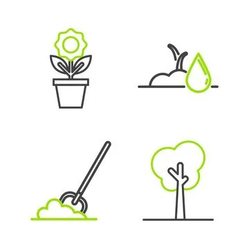 Set line Tree, Shovel in the ground, Watering sprout and Flower pot icon. V.. Illustration