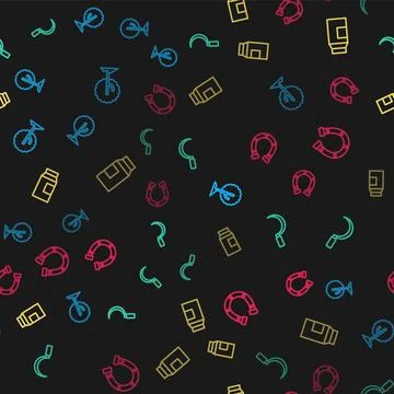 Set line Tree, Sickle, Paper package for milk and Horseshoe on seamless pattern Stock Illustration