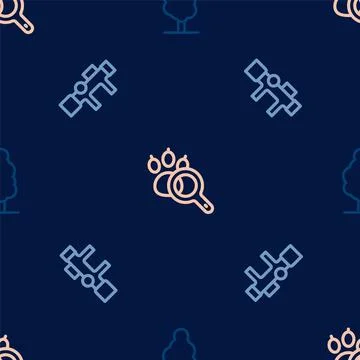 Set line Tree, Sniper optical sight and Paw search on seamless pattern. Vecto Stock Illustration