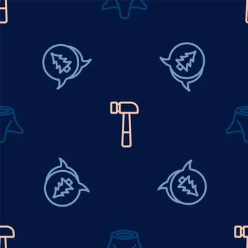 Set line Tree stump,  and Hammer on seamless pattern. Vector Stock Illustration