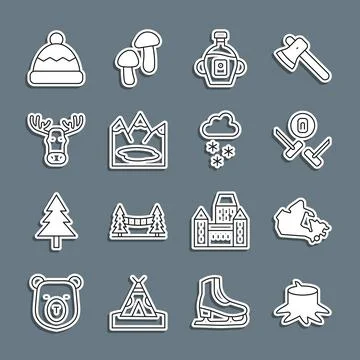 Set line Tree stump, Canada map, Curling sport game, Maple syrup, Canadian lake Stock Illustration