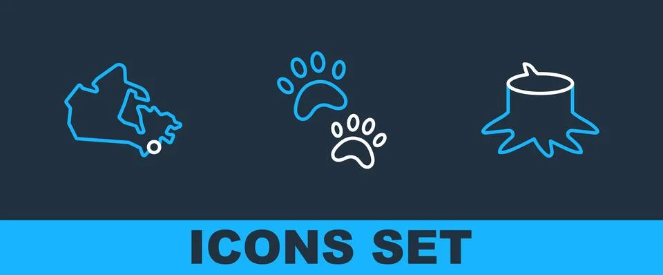 Set line Tree stump, Canada map and Paw print icon. Vector Stock Illustration