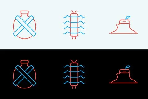 Set line Tree stump, Canteen water bottle and Centipede insect icon. Vector 스톡 일러스트