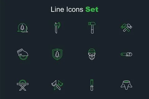 Set line Tree stump Chisel tool Wooden axe Electric circular saw Chainsaw Lum Ilustração Stock