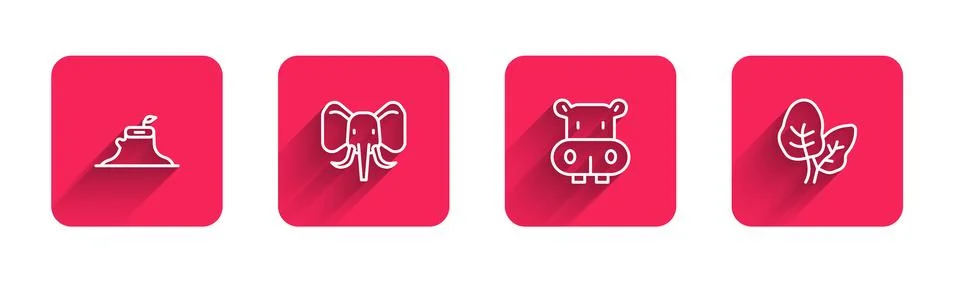 Set line Tree stump, Elephant, Hippo or Hippopotamus and Tropical leaves wi.. Stock Illustration