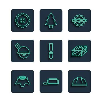 Set line Tree stump, Hacksaw, Worker safety helmet, Electric circular, Chisel Stock Illustration
