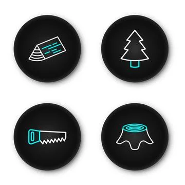 Set line Tree stump, Hand saw, Christmas tree and Wooden beam icon. Vector Stock Illustration