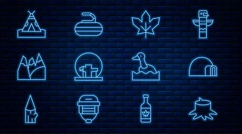 Set line Tree stump, Igloo ice house, Canadian maple leaf, Montreal Biosphe.. 스톡 일러스트