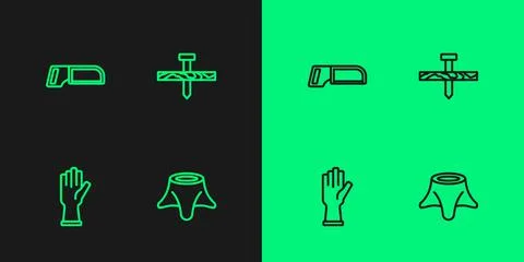 Set line Tree stump, Protective gloves, Hacksaw and Metallic nail icon. Vecto Stock Illustration
