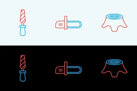 Set line Tree stump, Rasp metal file and Chainsaw icon. Vector Stock Illustration