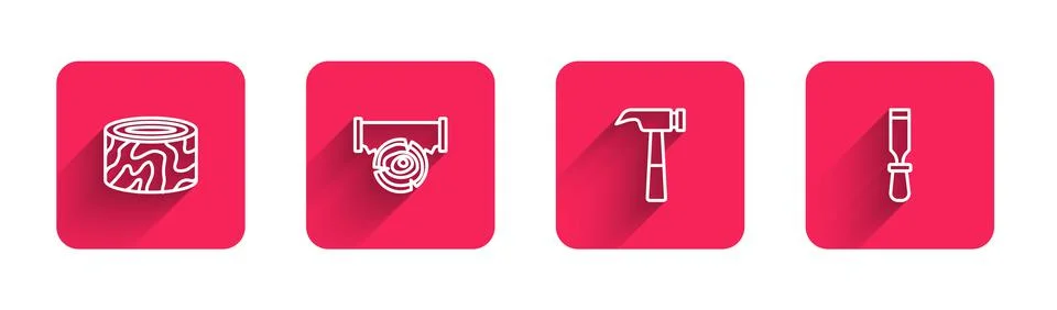 Set line Tree stump, Two-handed saw and log, Hammer and Chisel tool with long Stock Illustration