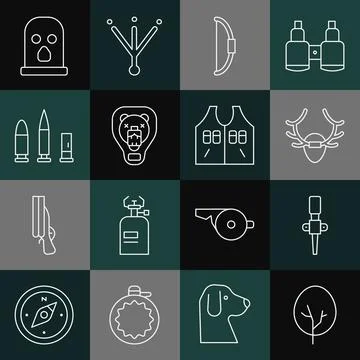 Set line Tree, Torch flame, Deer antlers on shield, Bow, Bear head, Bullet and Stock Illustration