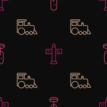Set line Tree, Toy train and Road traffic signpost on seamless pattern. Vecto イラスト素材