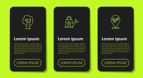 Set line Tree, Watering can and Location with leaf. Business infographic te.. Ilustração Stock