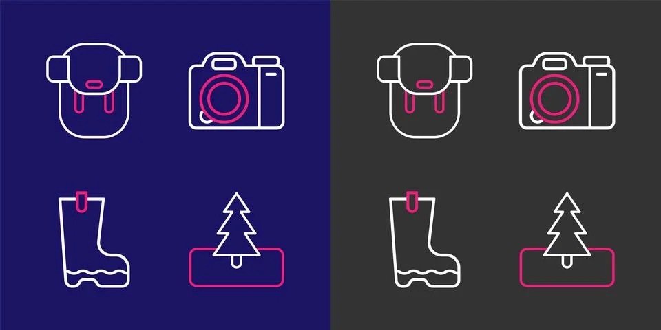 Set line Tree, Waterproof rubber boot, Photo camera and Hiking backpack ico.. Stock Illustration