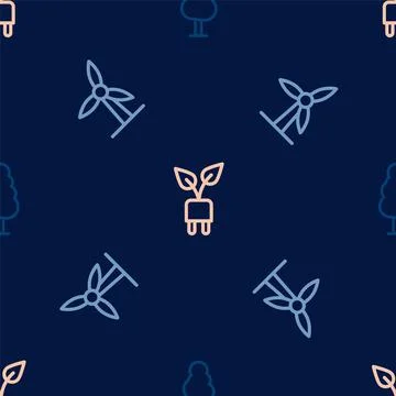 Set line Tree, Wind turbine and Electric saving plug leaf on seamless pattern Illustrazione stock