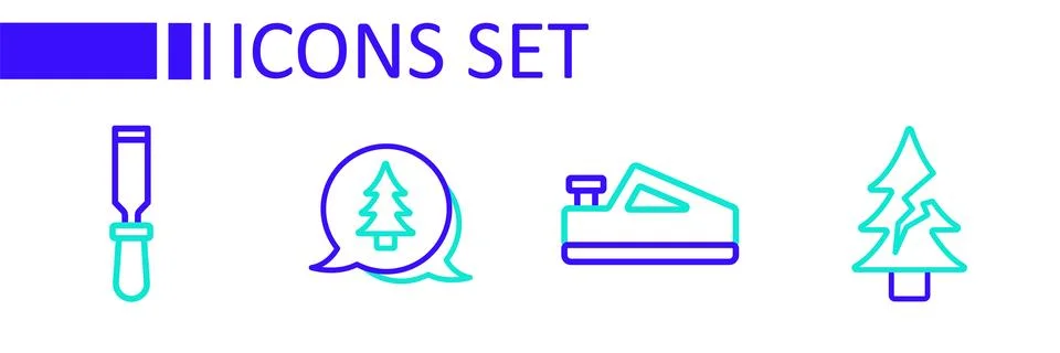 Set line Tree, Wood plane tool,  and Chisel icon. Vector Stock Illustration