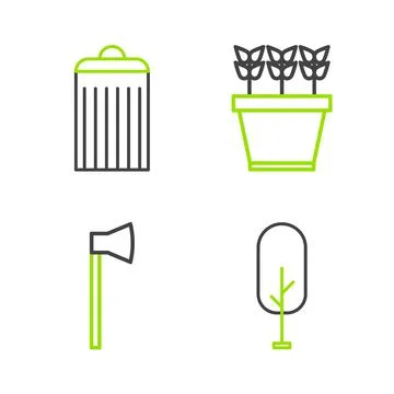Set line Tree, Wooden axe, Plants in pot and Trash can icon. Vector Illustration