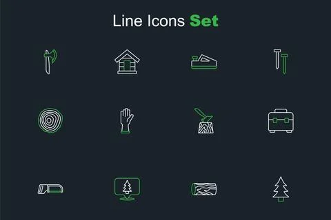 Set line Tree, Wooden log, Location of the forest, Hacksaw, Toolbox, axe in.. Stock Illustration