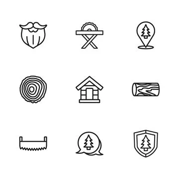 Set line Tree, Wooden log, Shield with tree, Dog house, Location of the for.. Illustrazione stock