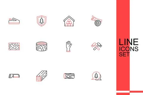 Set line Tree, Wooden log, beam, Hacksaw, Crossed hammer, Protective gloves.. Stock Illustration