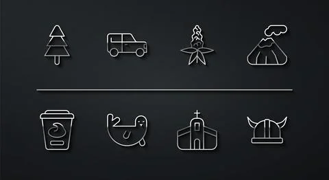 Set line Tree, Yogurt container, Volcano, Church building, Fur seal animal, Car Ilustración de archivo