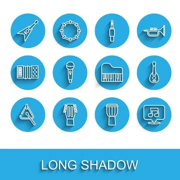 Set line Triangle, Guitar, Electric bass guitar, Drum, Music note, tone Ilustração Stock