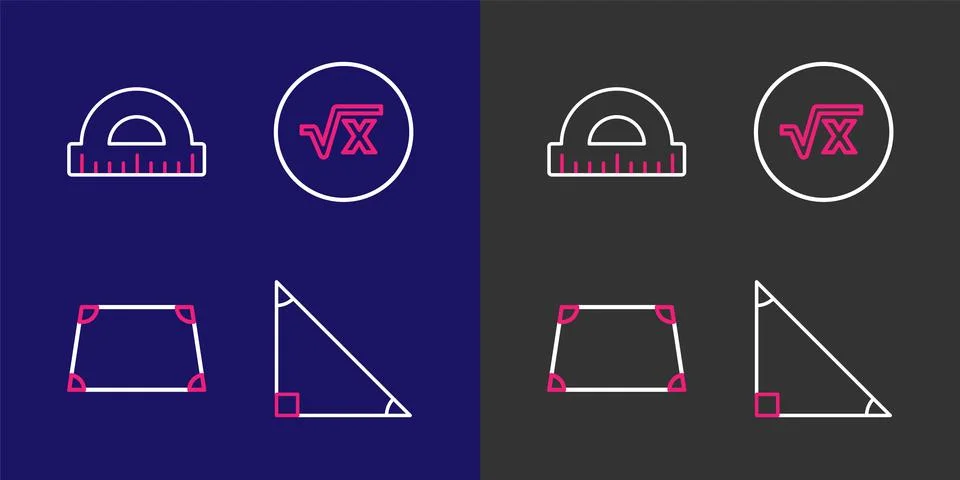 Set line Triangle math, Acute trapezoid shape, Square root of x glyph and P.. Stock Illustration