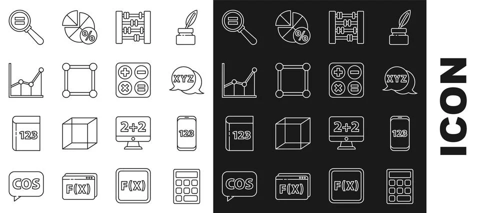 Set line Triangle math, Book with word mathematics, Calculator, Graph, schedu Stock Illustration