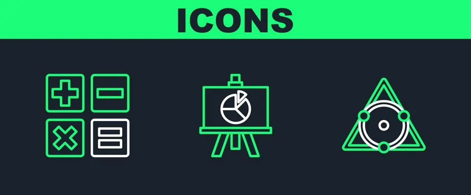 Set line Triangle math, Calculator and Chalkboard with diagram icon. Vector 스톡 일러스트