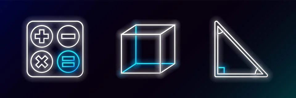Set line Triangle math, Calculator and Geometric figure Cube icon. Glowing .. Stock Illustration