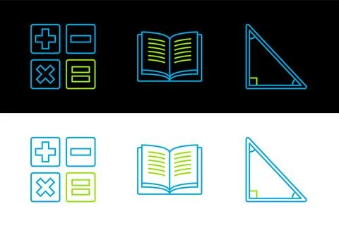 Set line Triangle math, Calculator and Open book icon. Vector Stock Illustration