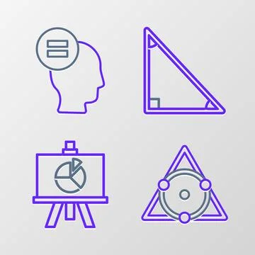 Set line Triangle math, Chalkboard with diagram,  and Calculation icon. Vecto Stock Illustration