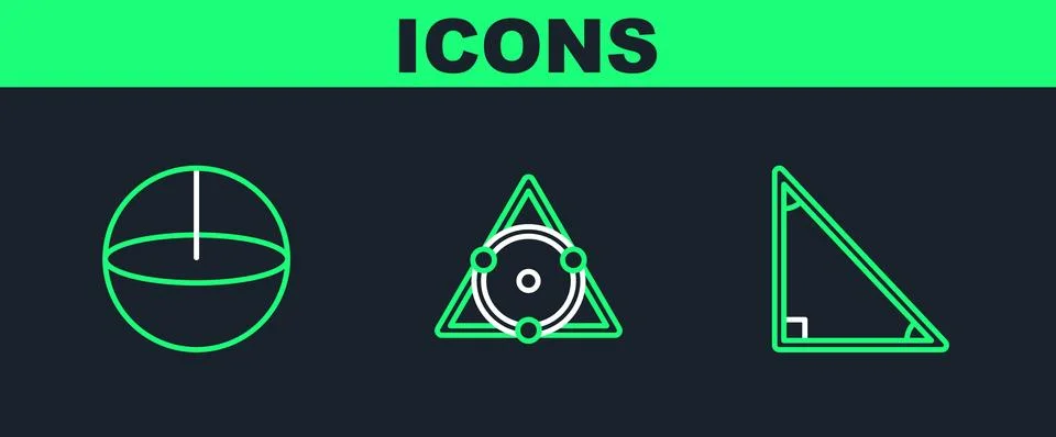 Set line Triangle math, Geometric figure Sphere and icon. Vector Illustrazione stock
