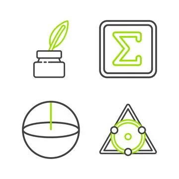 Set line Triangle math, Geometric figure Sphere, Sigma symbol and Feather a.. Stock Illustration